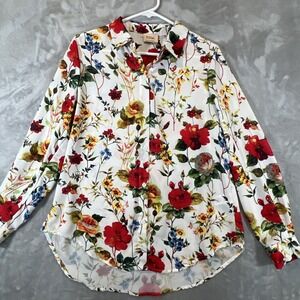 Elie Tahari Blouse Floral Print Button Down Front LS Size M Multicolor High Low